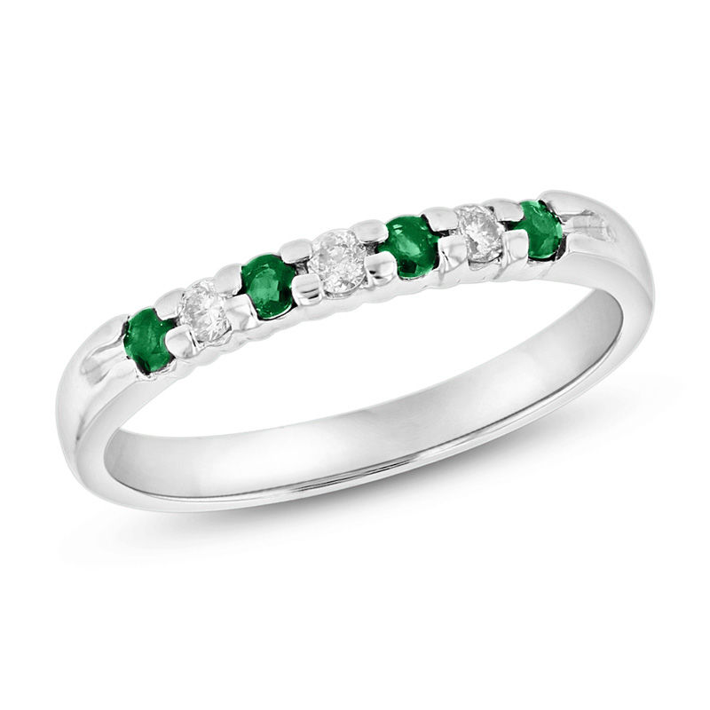 Emerald and 1/10 CT. T.W. Diamond Seven Stone Band in 14K White Gold