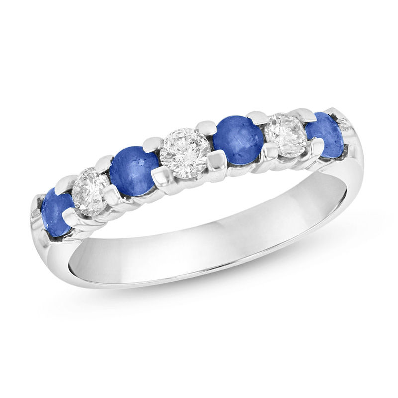 Blue Sapphire and 1/3 CT. T.W. Diamond Seven Stone Band in 14K White Gold
