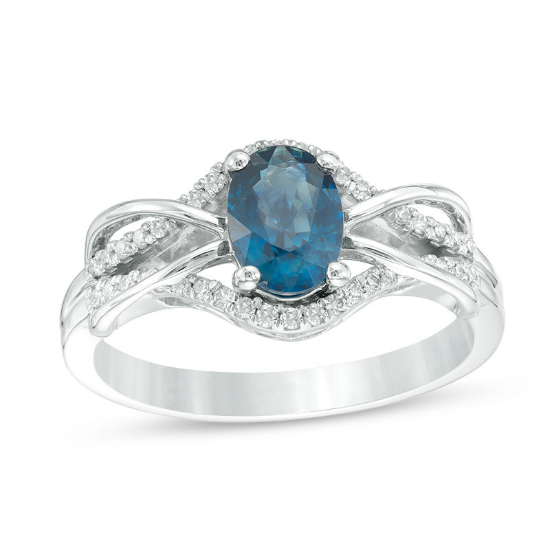 Oval Blue Sapphire and 1/6 CT. T.W. Diamond Loop Overlay Ring in 10K White Gold