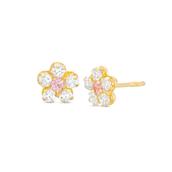 Child's Pink And White Cubic Zirconia Flower Stud Earrings In 14K Gold