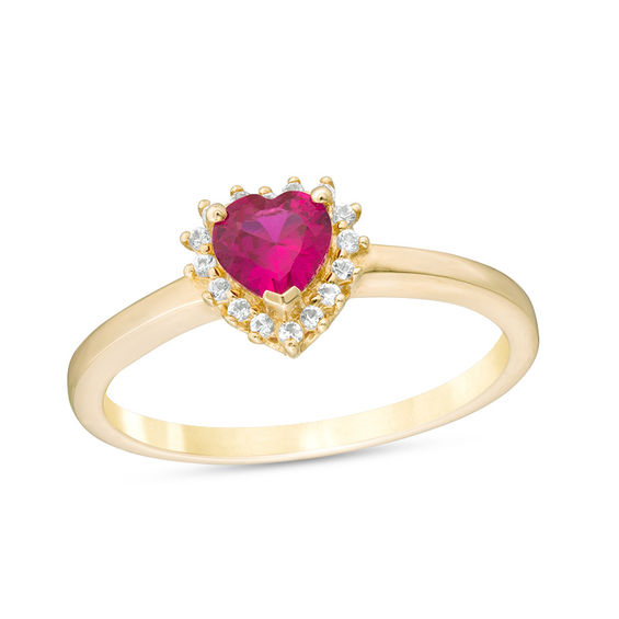 5.0mm Heart-Shaped Lab-Created Ruby and White Sapphire Starburst Frame Ring in 10K Gold