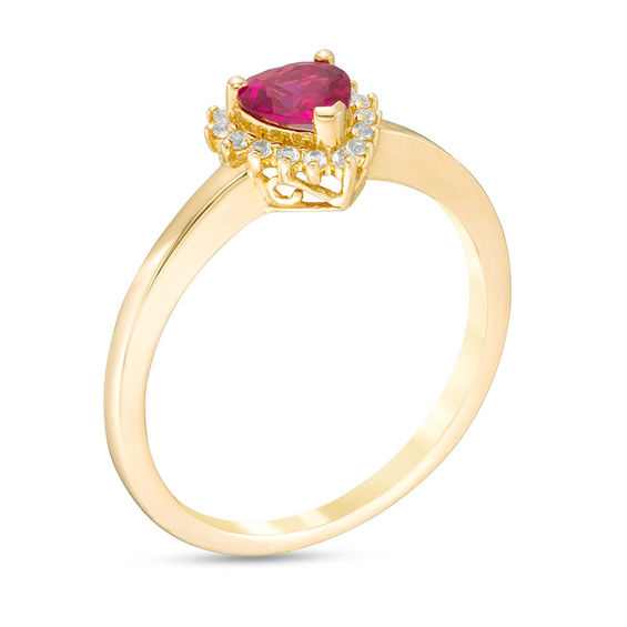 5.0mm Heart-Shaped Lab-Created Ruby and White Sapphire Starburst Frame Ring in 10K Gold
