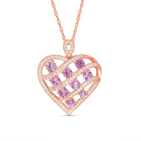 Lab-Created Pink and White Sapphire Basket Weave Heart Pendant in Sterling Silver with 14K Rose Gold Plate