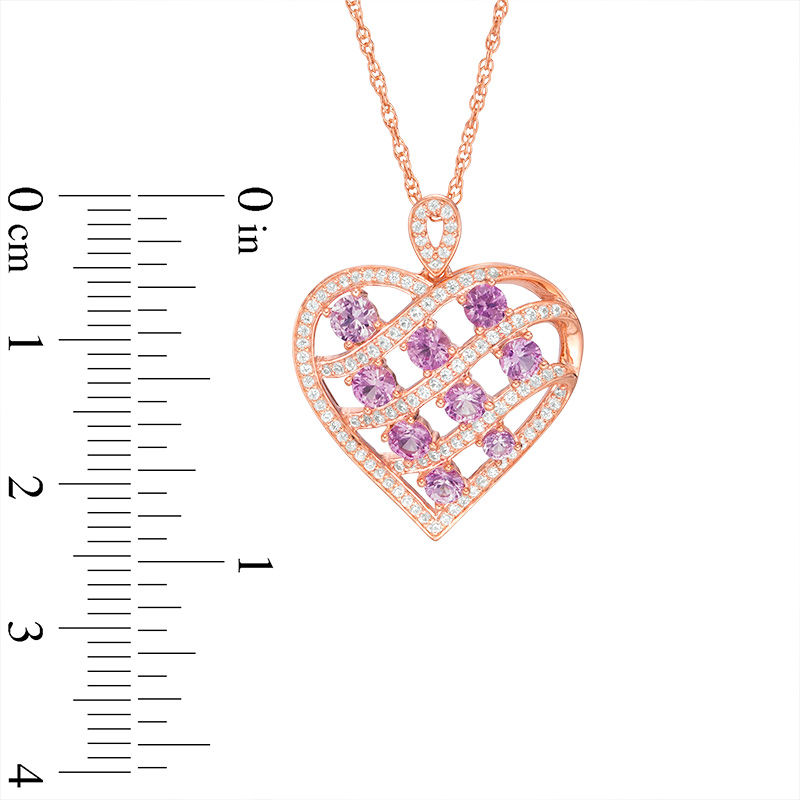Main Image 2 of Lab-Created Pink and White Sapphire Basket Weave Heart Pendant in Sterling Silver with 14K Rose Gold Plate