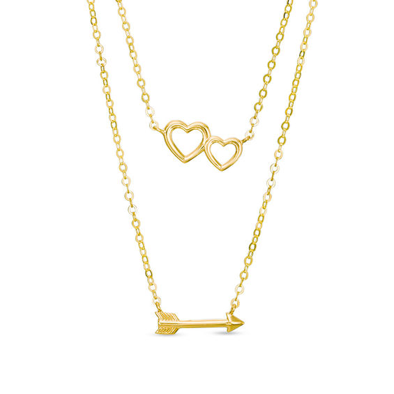 Heart and Sideways Arrow Double Strand Necklace in 10K Gold - 17"