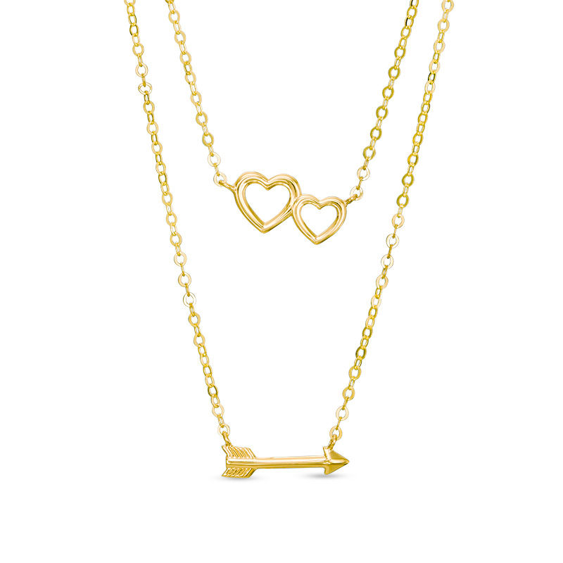 Main Image 1 of Heart and Sideways Arrow Double Strand Necklace in 10K Gold - 17"