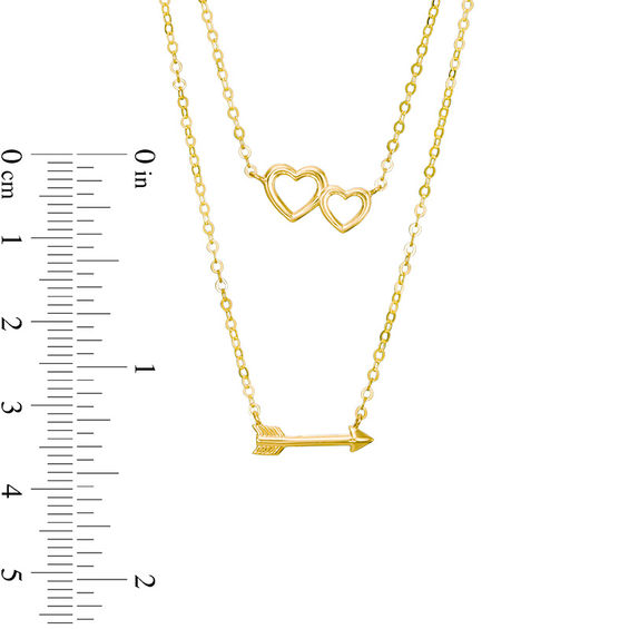 Heart and Sideways Arrow Double Strand Necklace in 10K Gold - 17"