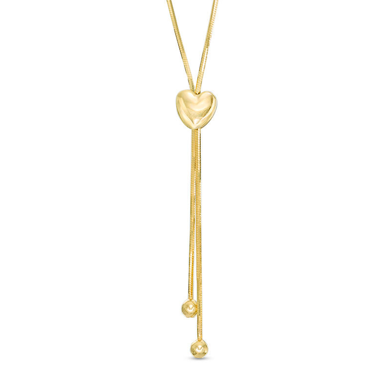 Adjustable Mini Puffed Heart Lariat Necklace in 10K Gold - 28"