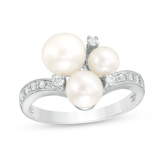 4.5-7.0mm Cultured Freshwater Pearl And Lab-Created White Sapphire Cluster Ring In Sterling Silver