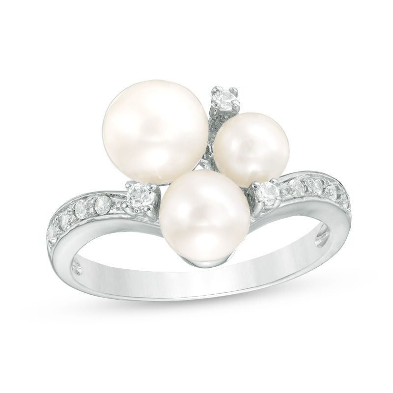 4.5-7.0mm Cultured Freshwater Pearl and Lab-Created White Sapphire Cluster Ring in Sterling Silver