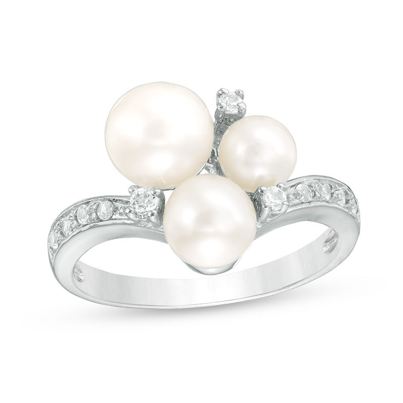 Main Image 1 of 4.5-7.0mm Freshwater Cultured Pearl and Lab-Created White Sapphire Cluster Ring in Sterling Silver