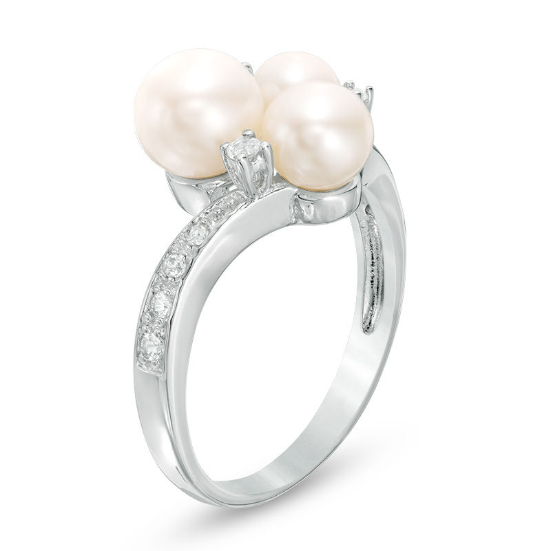 4.5-7.0mm Cultured Freshwater Pearl and Lab-Created White Sapphire Cluster Ring in Sterling Silver