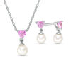 Thumbnail Image 1 of 5.0mm Freshwater Cultured Pearl and Lab-Created Pink Sapphire Heart Drop Pendant and Earrings Set in Sterling Silver