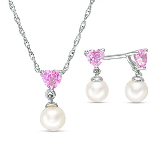 5.0mm Freshwater Cultured Pearl and Lab-Created Pink Sapphire Heart Drop Pendant and Earrings Set in Sterling Silver
