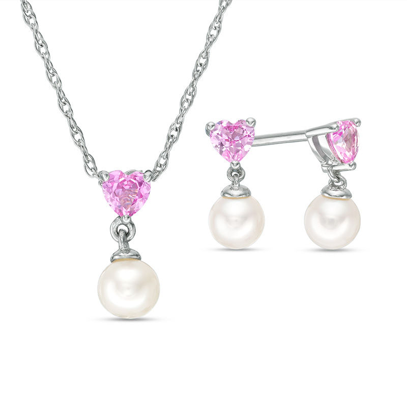Main Image 1 of 5.0mm Freshwater Cultured Pearl and Lab-Created Pink Sapphire Heart Drop Pendant and Earrings Set in Sterling Silver