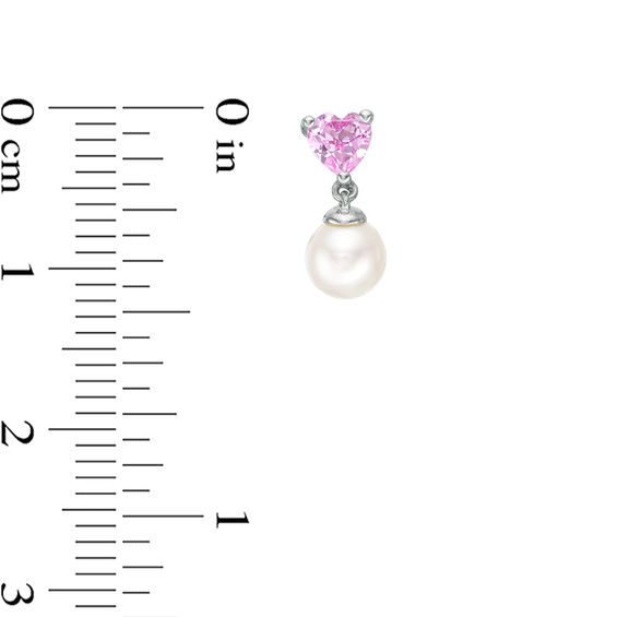 5.0mm Freshwater Cultured Pearl and Lab-Created Pink Sapphire Heart Drop Pendant and Earrings Set in Sterling Silver