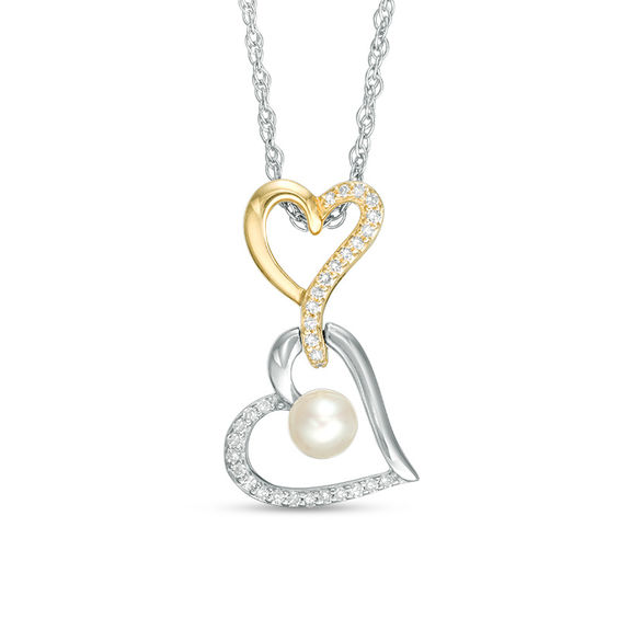 Freshwater Cultured Pearl and 1/10 CT. T.w. Diamond Double Heart Drop Pendant in Sterling Silver and 14K Gold Plate