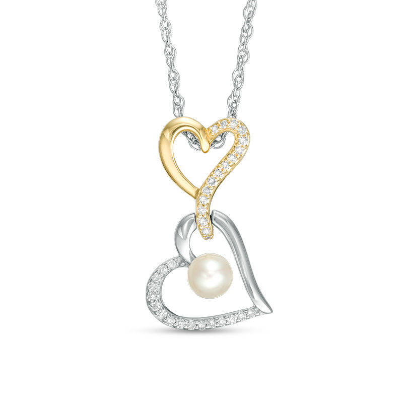 Main Image 1 of Freshwater Cultured Pearl and 1/10 CT. T.W. Diamond Double Heart Drop Pendant in Sterling Silver and 14K Gold Plate
