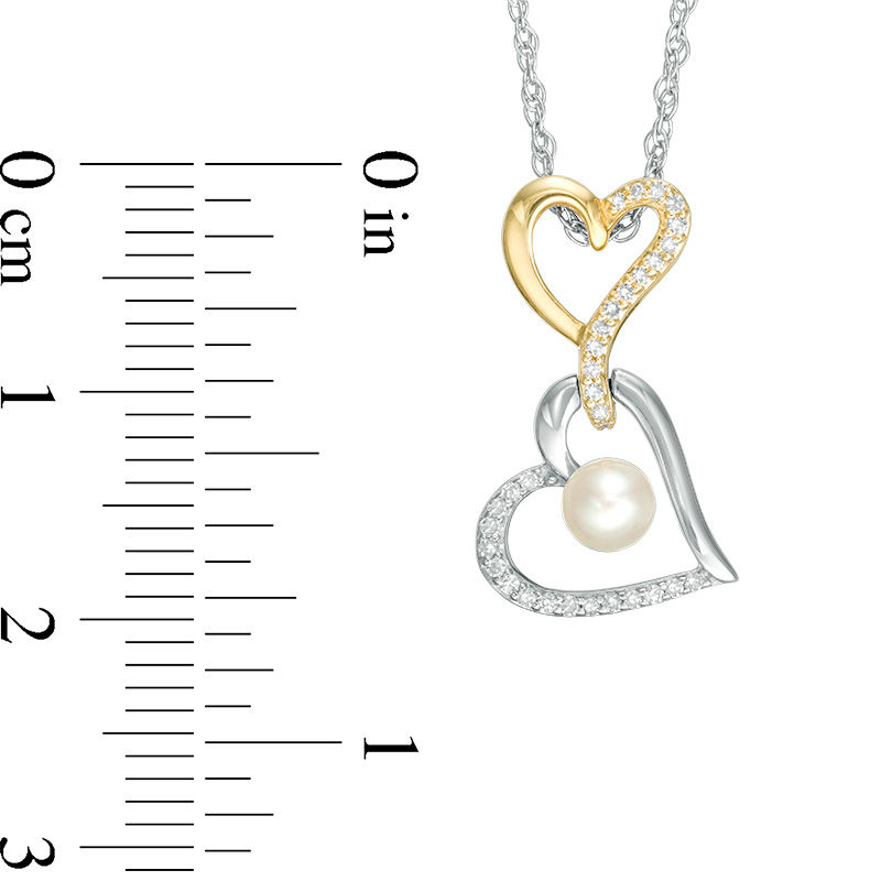 Main Image 2 of Freshwater Cultured Pearl and 1/10 CT. T.W. Diamond Double Heart Drop Pendant in Sterling Silver and 14K Gold Plate