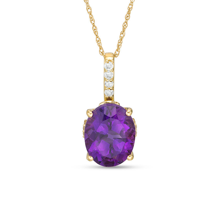 Main Image 1 of Oval Amethyst and 1/10 CT. T.W. Diamond Drop Pendant in 10K Gold