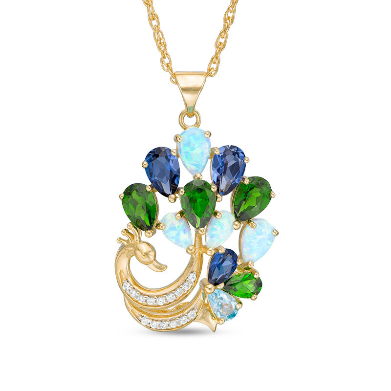 Main Image 1 of Multi-Gemstone and Lab-Created Opal, Blue and White Sapphire Peacock Pendant in Sterling Silver with 14K Gold Plate