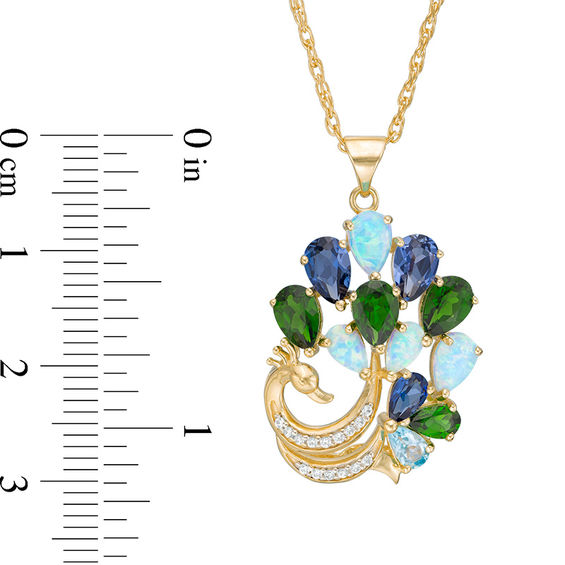 Multi-Gemstone and Lab-Created Opal, Blue and White Sapphire Peacock Pendant in Sterling Silver with 14K Gold Plate