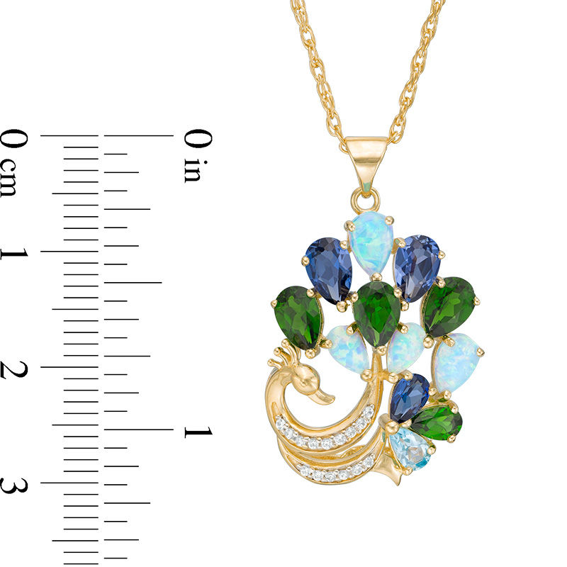 Main Image 2 of Multi-Gemstone and Lab-Created Opal, Blue and White Sapphire Peacock Pendant in Sterling Silver with 14K Gold Plate
