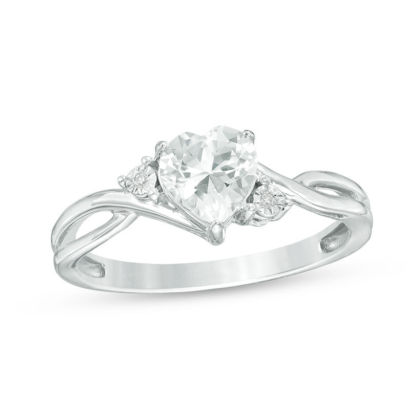 Main Image 1 of Heart-Shaped Lab-Created White Sapphire and Diamond Accent Crossover Split Shank Ring in Sterling Silver