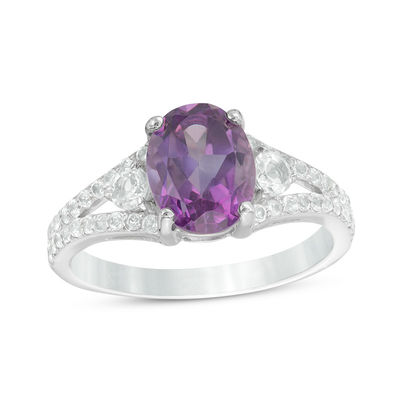 Split Shank Ring with Center Prong Set Oval Amethyst and Tear Drop Prong Set Clear CZ/'s in a Vermeil Sterling Silver Setting Approx Size 8