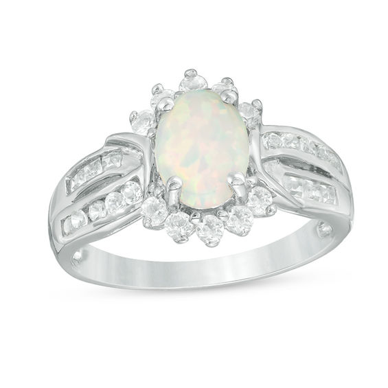 Oval Lab-Created Opal with White Topaz Frame Double Row Ring in ...