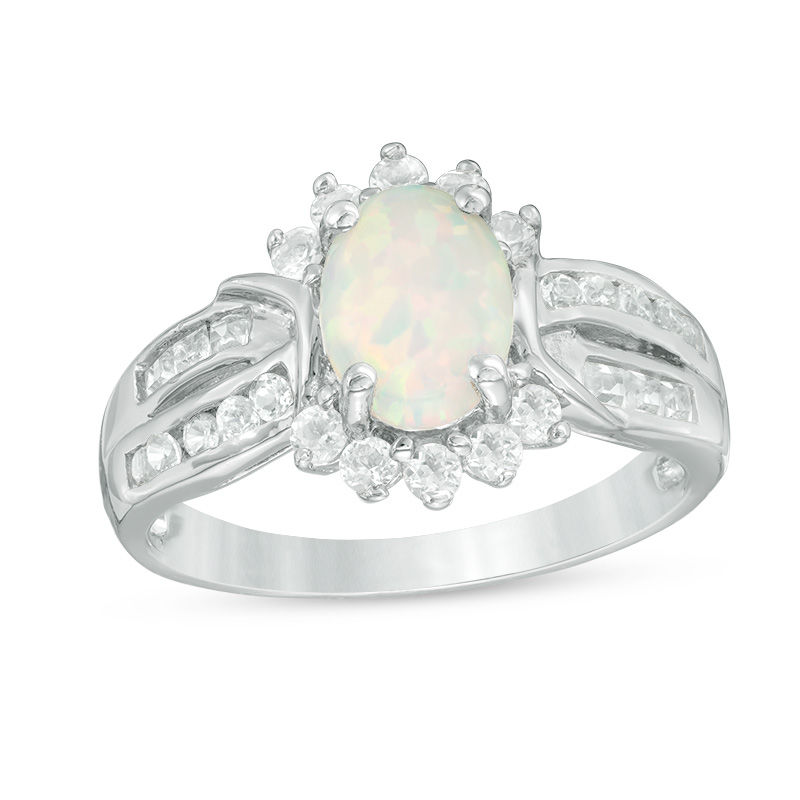 Oval Lab-Created Opal with White Topaz Frame Double Row Ring in Sterling Silver