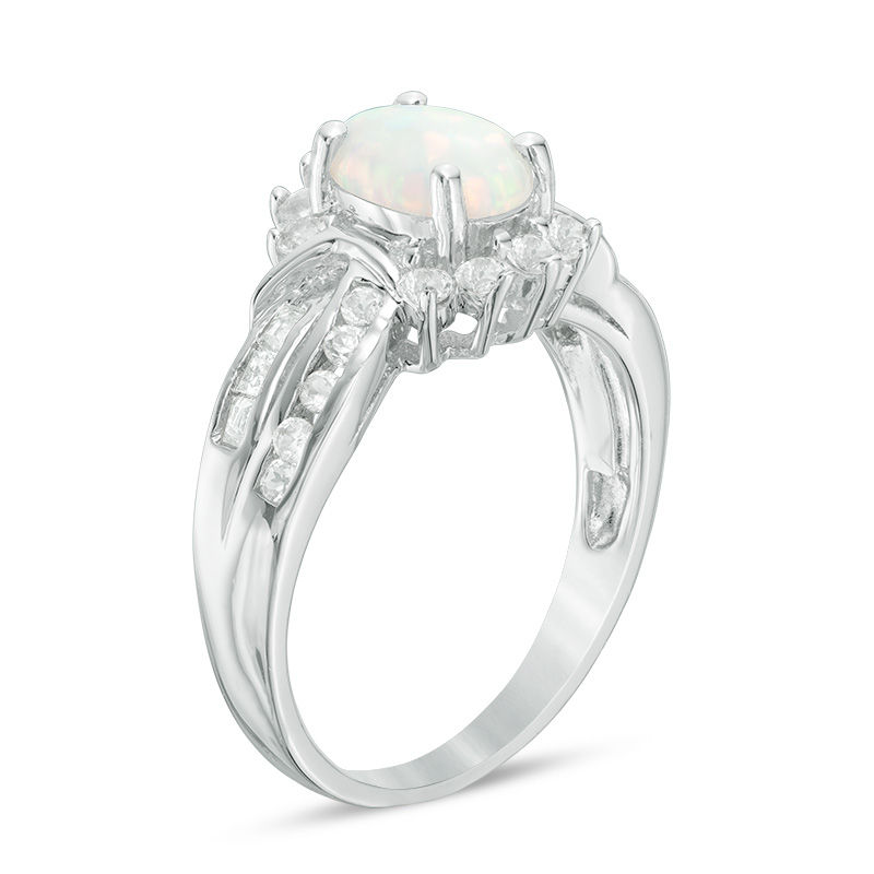 Oval Lab-Created Opal with White Topaz Frame Double Row Ring in Sterling Silver