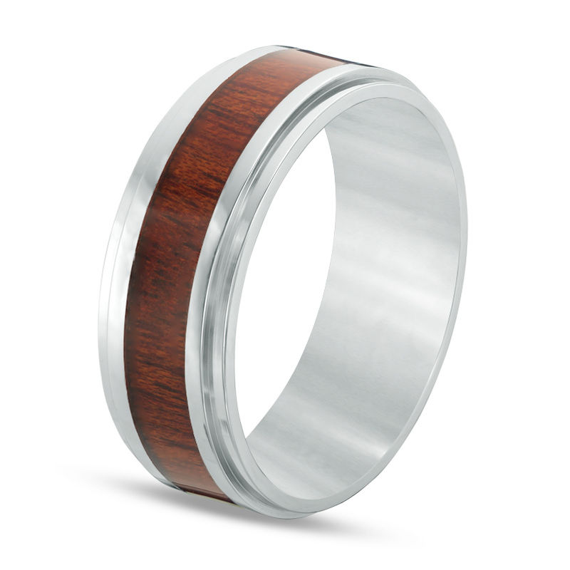 Men's 8.0mm Comfort Fit Wood Grain Inlay Wedding Band in Stainless Steel