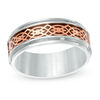 Thumbnail Image 1 of 8.0mm Comfort Fit Carbon Fiber Inlay and Rose IP Celtic Pattern Wedding Band in Stainless Steel