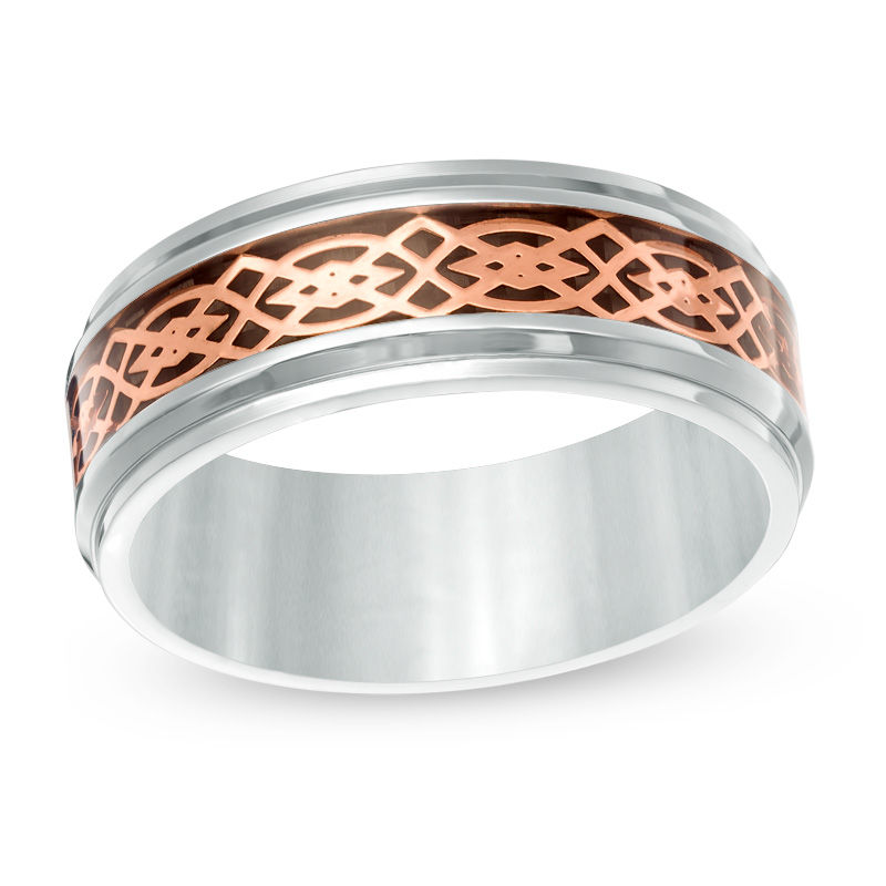 Men's 8.0mm Comfort Fit Carbon Fiber Inlay and Rose IP Celtic Pattern Wedding Band in Stainless Steel