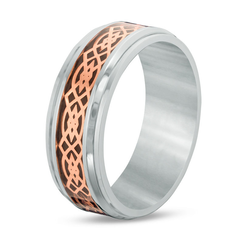 Men's 8.0mm Comfort Fit Carbon Fiber Inlay and Rose IP Celtic Pattern Wedding Band in Stainless Steel