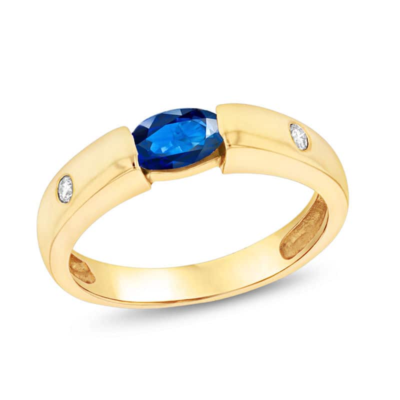 Sideways Oval Blue Sapphire and Diamond Accent Ring in 14K Gold
