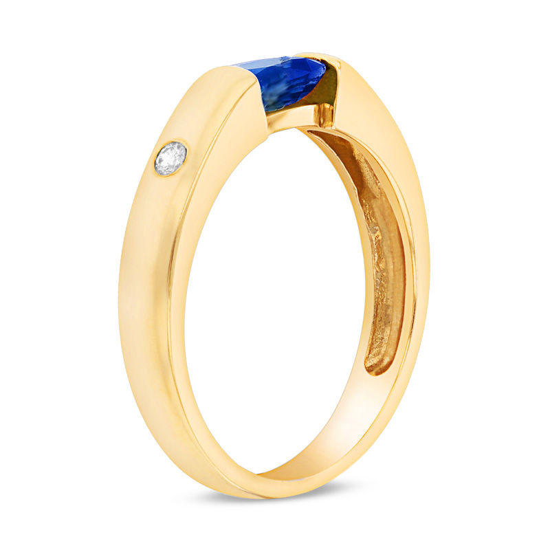 Sideways Oval Blue Sapphire and Diamond Accent Ring in 14K Gold