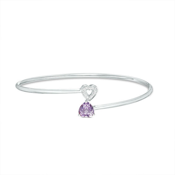 7.0mm Heart-Shaped Amethyst and 1/20 CT. T.w. Diamond Bypass Flex Bangle in Sterling Silver