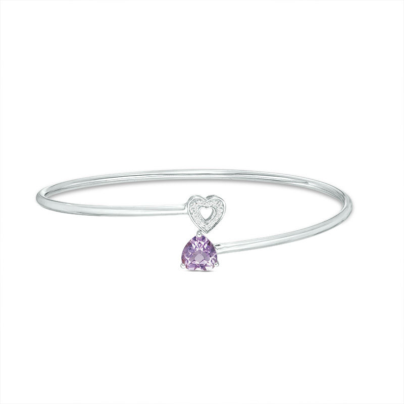 Main Image 1 of 7.0mm Heart-Shaped Amethyst and 1/20 CT. T.W. Diamond Bypass Flex Bangle in Sterling Silver