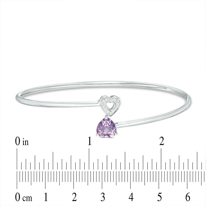 Main Image 2 of 7.0mm Heart-Shaped Amethyst and 1/20 CT. T.W. Diamond Bypass Flex Bangle in Sterling Silver