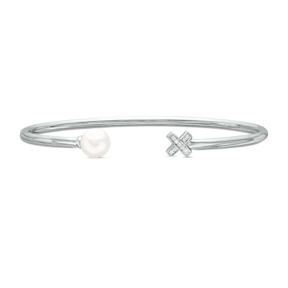 7.5mm Freshwater Cultured Pearl and Diamond Accent "Xo" Bangle in Sterling Silver