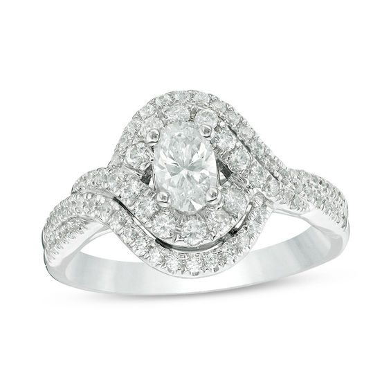 Celebration Ideal 1 CT. T.w. Oval Certified Diamond Bypass Frame Engagement Ring in 14K White Gold (I/I1)