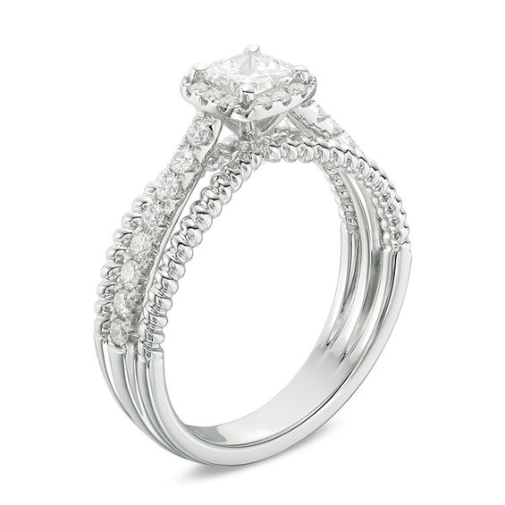 3/4 CT. T.w. Princess-Cut Diamond Frame Rope Shank Engagement Ring in 14K White Gold