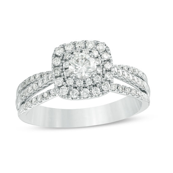 3/4 CT. T.w. Diamond Double Cushion Frame Multi-Row Split Shank Engagement Ring in 14K White Gold