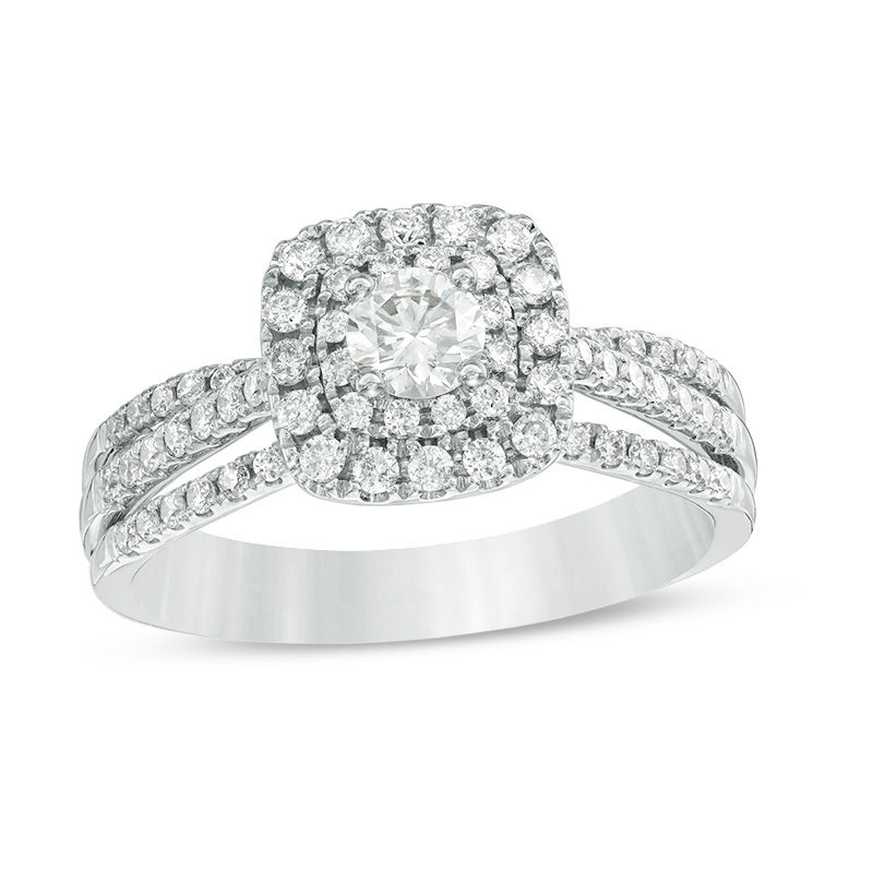 Main Image 1 of 3/4 CT. T.W. Diamond Double Cushion Frame Multi-Row Split Shank Engagement Ring in 14K White Gold
