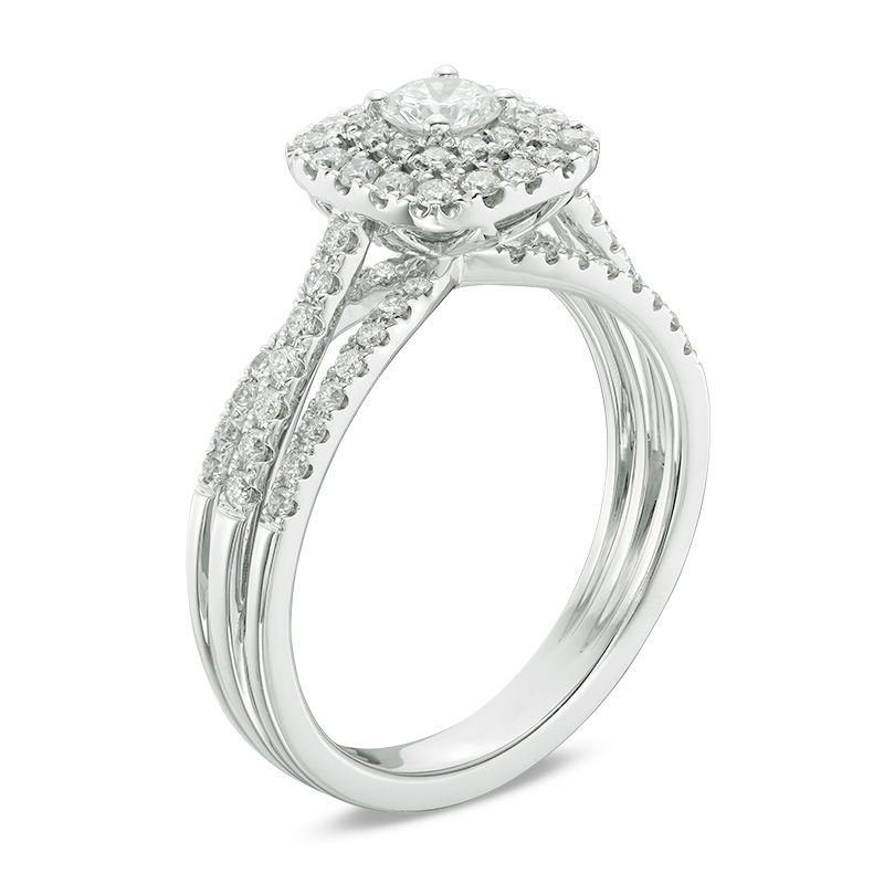 Main Image 2 of 3/4 CT. T.W. Diamond Double Cushion Frame Multi-Row Split Shank Engagement Ring in 14K White Gold