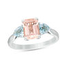 Thumbnail Image 0 of Emerald-Cut Morganite and Aquamarine Three Stone Ring in 10K White Gold