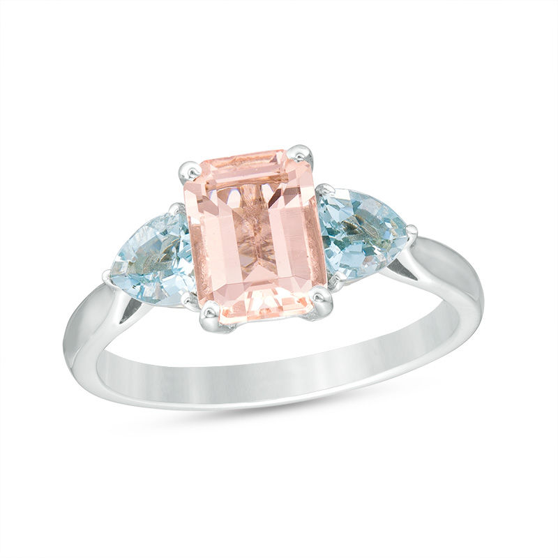 Emerald-Cut Morganite and Aquamarine Three Stone Ring in 10K White Gold