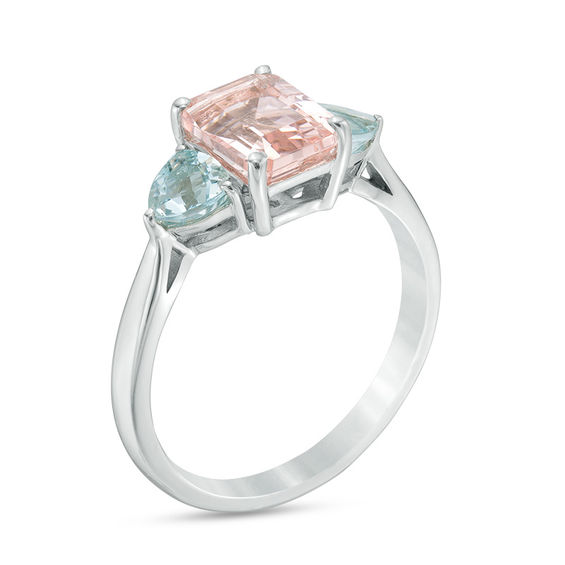 Emerald-Cut Morganite and Aquamarine Three Stone Ring in 10K White Gold